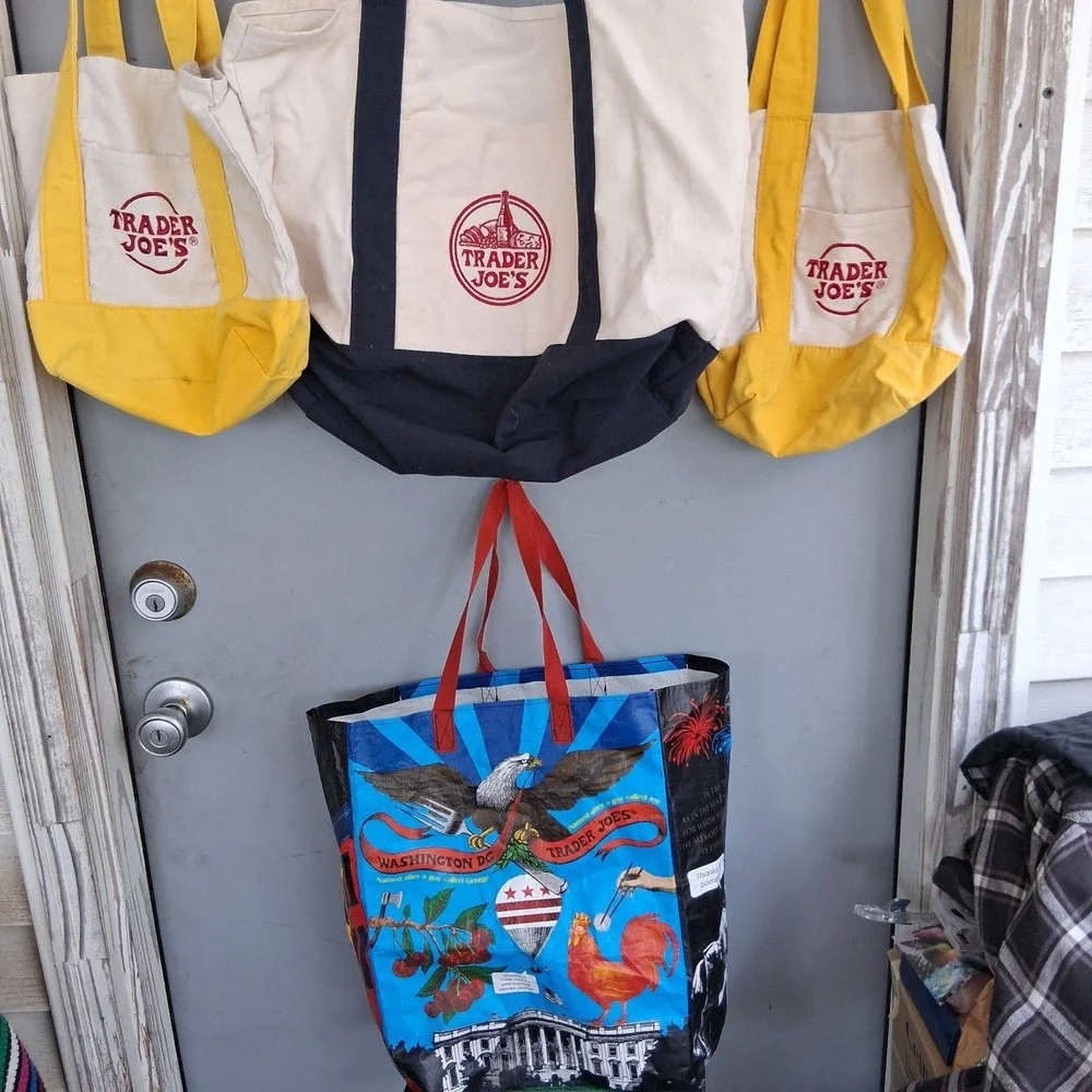 Trader Joe's Shopping Tote Bags Lot Of 4 VGUC Navy Yellow Canvas